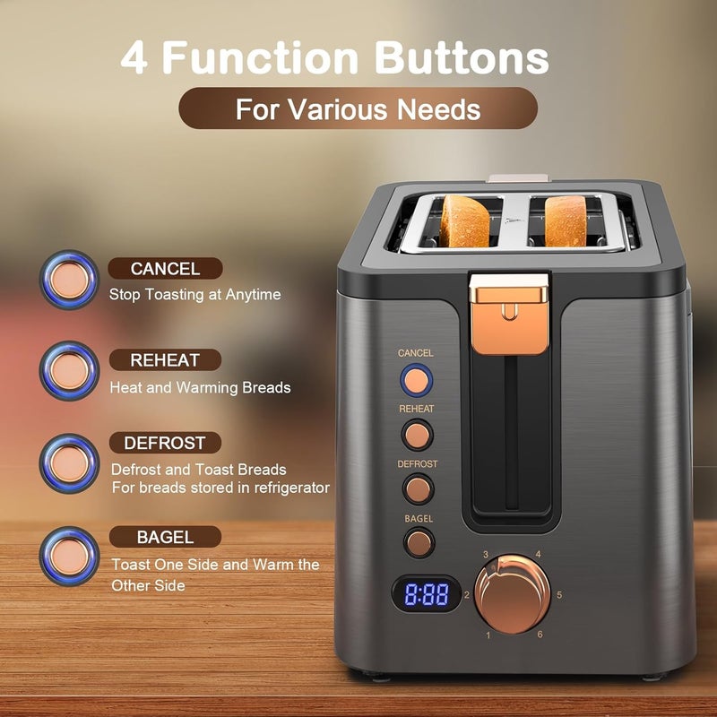 Mecity Toaster 2 Slice Stainless Steel Body Timer, Bagel/Defrost/Reheat/Cancel Functions,Warming Rack, Removable Tray, 6 Browning Settings, Extra Wide Slots, Bread Toaster, 120V 800W Grey - Image 5